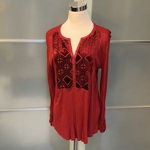 Lucky Brand Red Boho Style Top with Velvet Embellishment